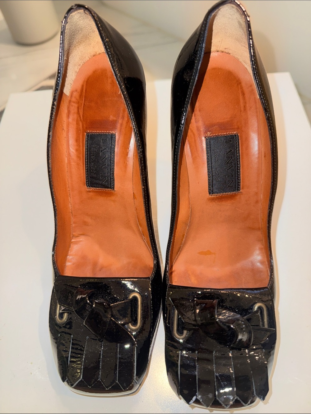 Beautiful Lanvin Black Patent Square Toe Fringe Metal Pump - Picture 4 of 13